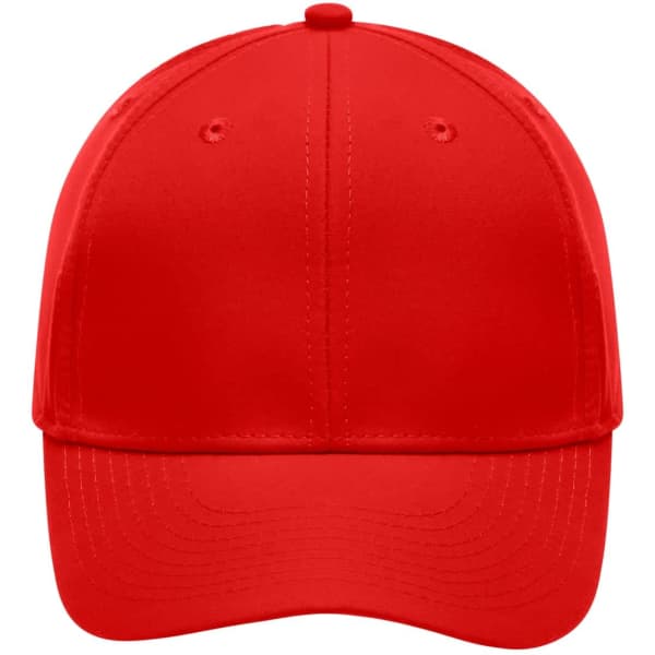 A bright red six-panel polyester cap featuring a curved brim and an adjustable strap at the back.