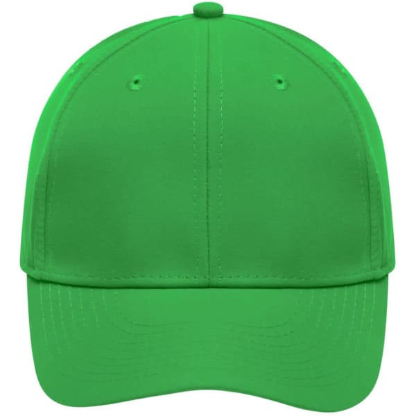 A green 6 panel polyester cap featuring a structured design and a logo on the front.