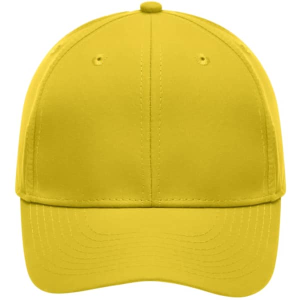A yellow 6 panel polyester cap with a structured front and a logo on the side.