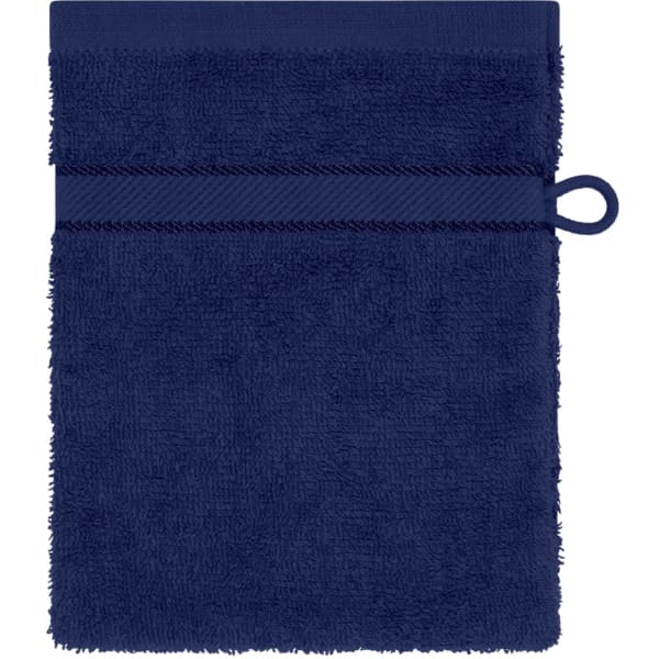 A navy blue towel with a textured surface and a hanging loop. It has a matching strip near the top.