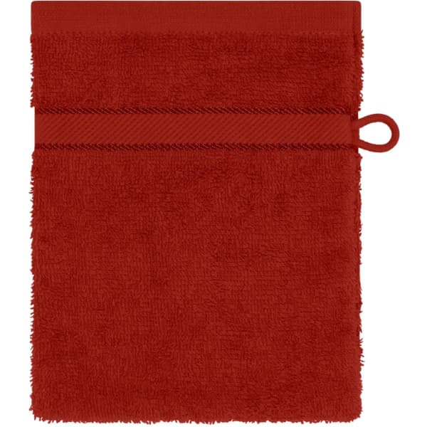 A red flannel product with a textured surface and a loop for hanging, featuring a simple design.
