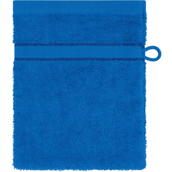 A blue flannel towel with a loop for hanging and textured fabric. Features a flat top section with a striped design.