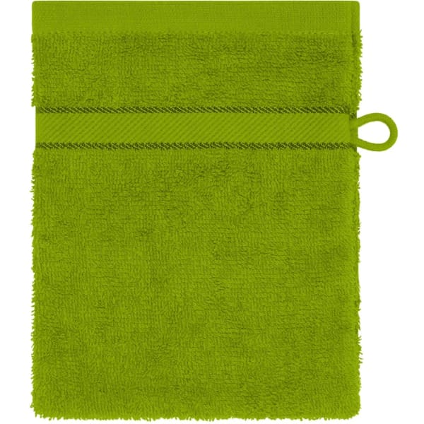 A green flannel towel with a textured surface and a hanging loop. It features a solid colour without any patterns.
