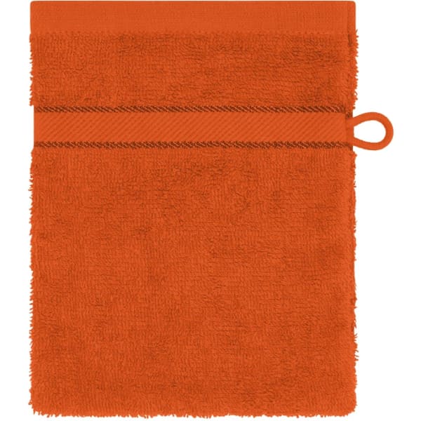 An orange flannel towel with a loop for hanging and a textured surface. It has a simple design without additional decorations.