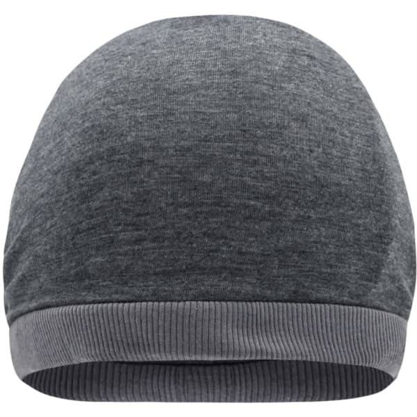A grey beanie with a ribbed hem and a smooth finish, featuring a logo.