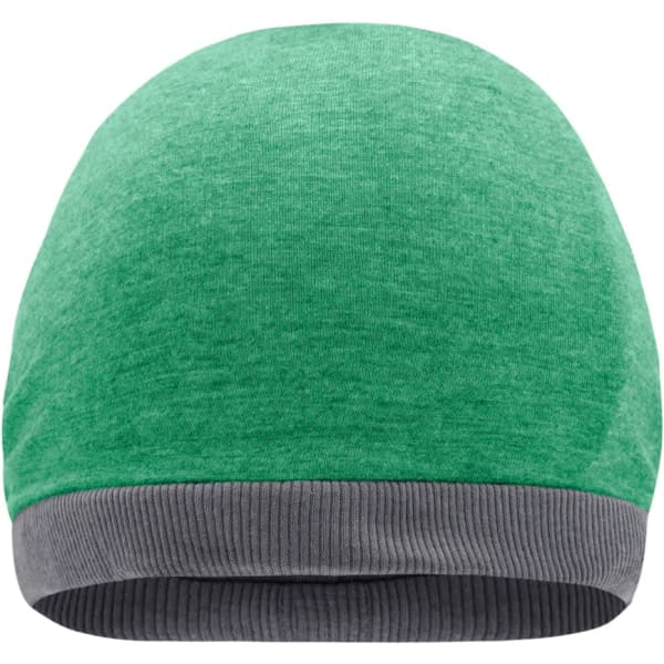 A green Heather Summer Beanie with a grey ribbed band at the bottom. It has a simple design and a logo on it.