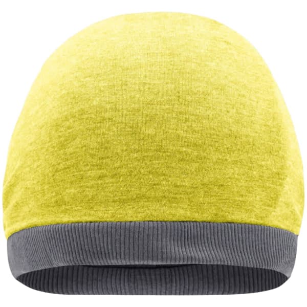 A yellow beanie with a grey ribbed band at the bottom, featuring a logo on the side.