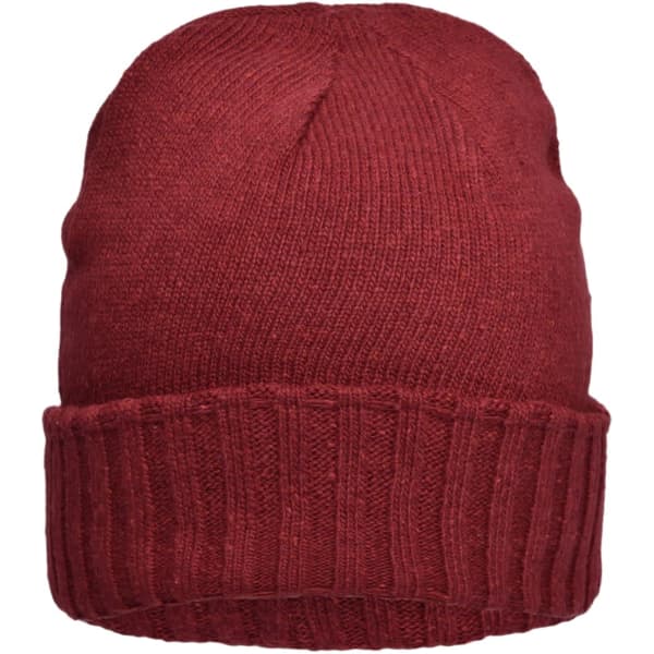 A maroon beanie hat with a ribbed cuff and textured finish, featuring a small logo on the side.