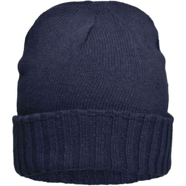 A knitted navy beanie hat with a ribbed cuff and textured pattern. It features a branding logo.