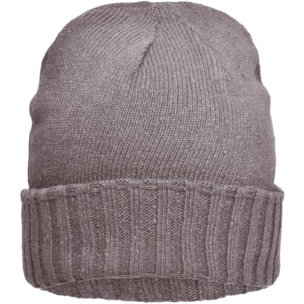A grey beanie hat with a ribbed cuff and a smooth top. It features a logo on one side.