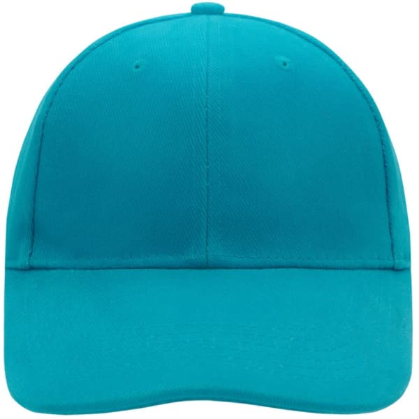 A teal 6-panel cap with a laminated finish and a curved brim, featuring a logo on the front.