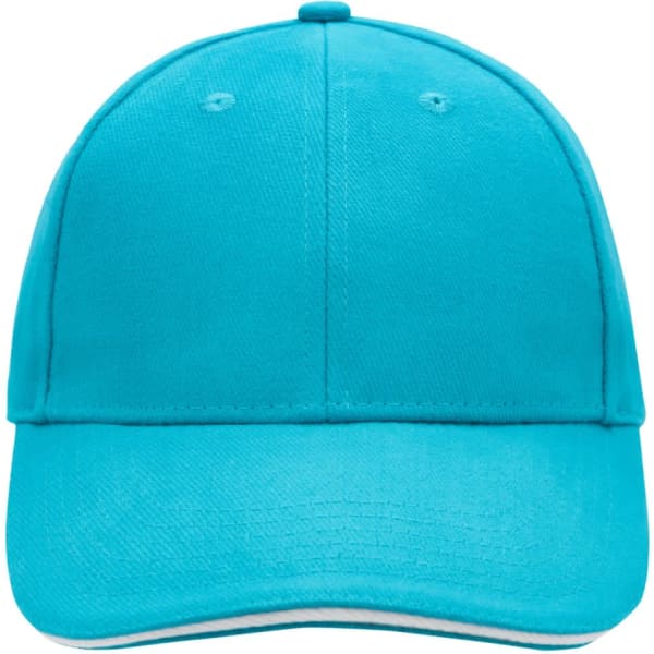 A turquoise 6 panel sandwich cap with a solid design and a logo on the front.