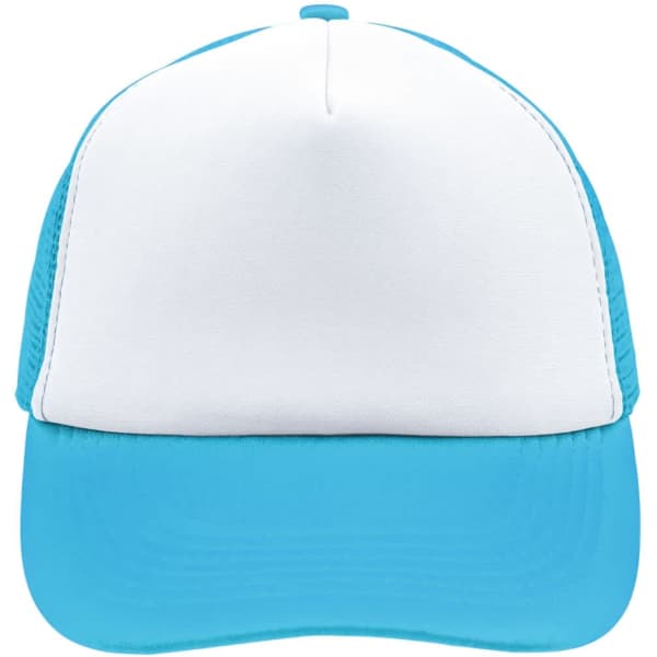 A five-panel cap in white and turquoise, featuring a solid front and mesh sides, with a logo on the front.