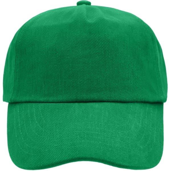 A green 5 panel cap featuring a curved brim and an adjustable strap at the back. It has a logo on the front.