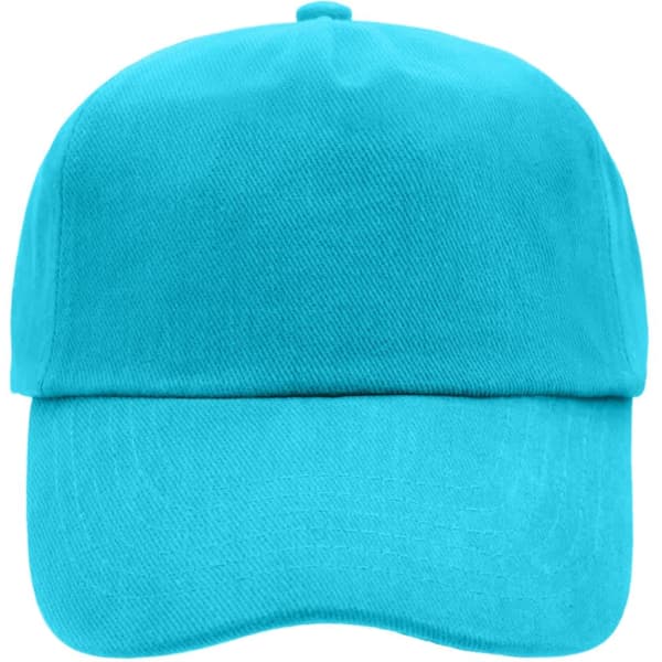 A turquoise 5 panel cap featuring a structured design and a curved brim, with a logo on the front.