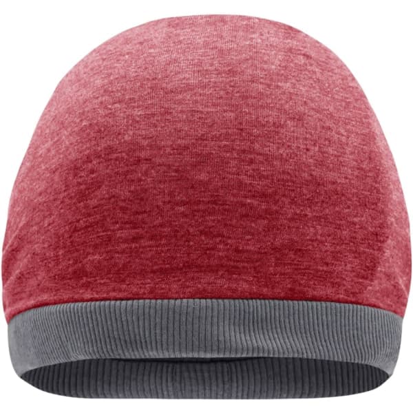 A red and grey beanie with a smooth, rounded design and a ribbed edge, featuring a logo on the side.