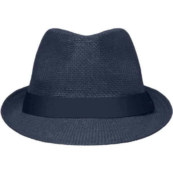 A navy blue fedora hat with a wide band and a classic shape, featuring a textured weave.