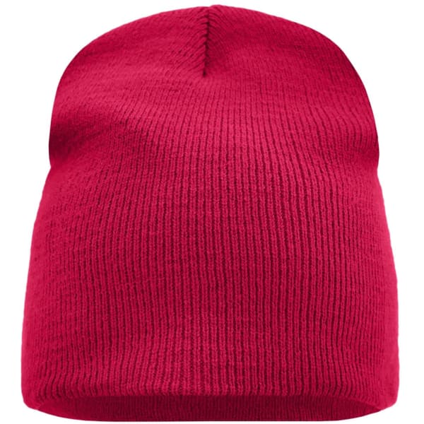 A red beanie with a ribbed texture and a rounded top, featuring a logo on the side.