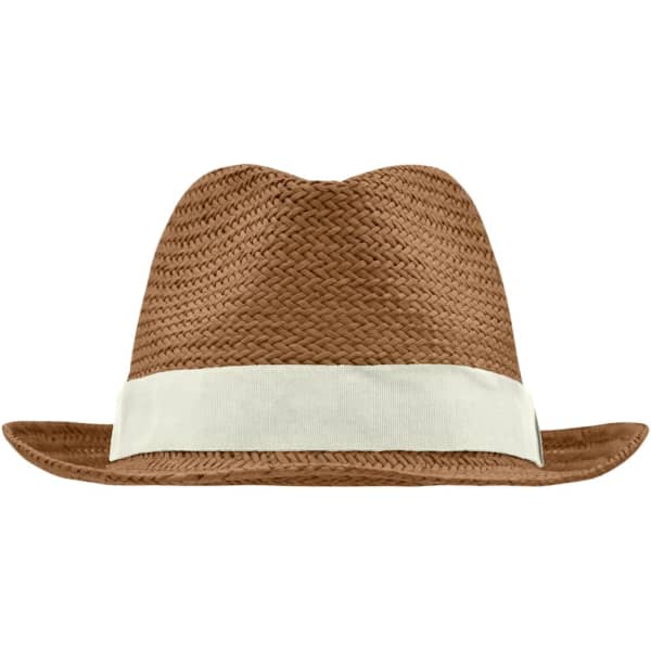 A brown straw hat with a cream band, featuring a logo on the side.