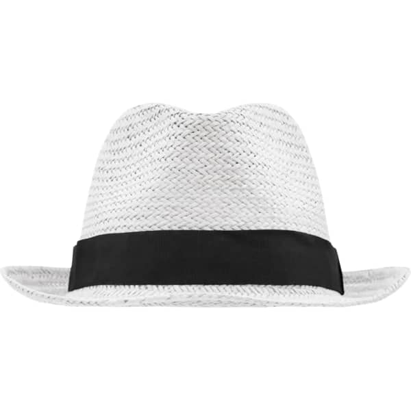 A white straw hat with a black ribbon band and a curved brim, featuring a logo.