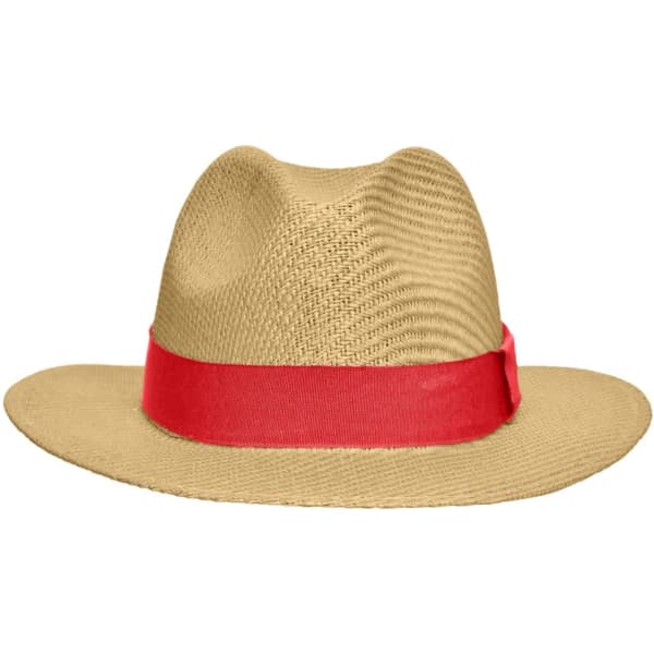 A tan straw hat with a wide brim and a red band around the base. The hat has a simple design and features a logo.