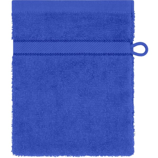 A blue towel featuring a textured surface and a hanging loop, with a solid banding design at the top.