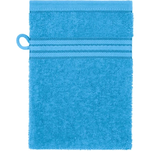 A blue bath towel featuring a loop for hanging and two decorative stripes. The towel has a soft, fluffy texture.