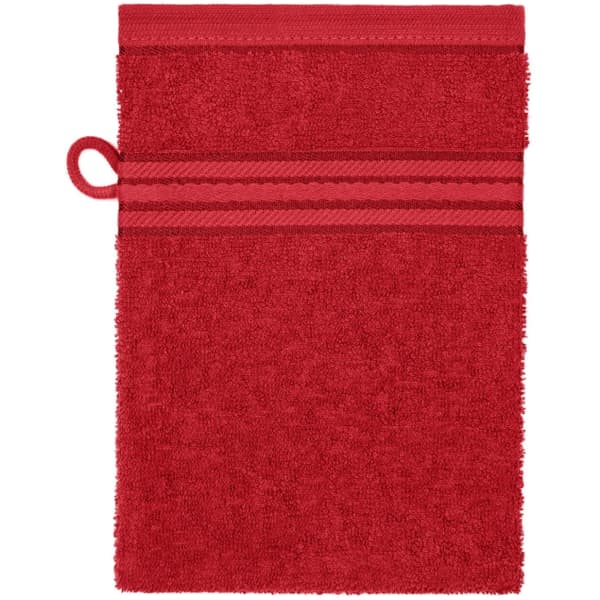 A red towel with striped accents and a hanging loop. It features a textured surface and a branded logo.