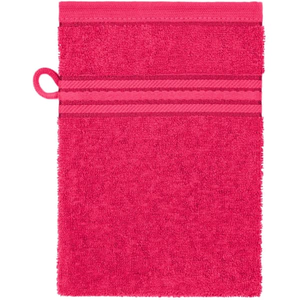 A pink towel with a loop and two striped bands across the top. It has a soft, textured surface.