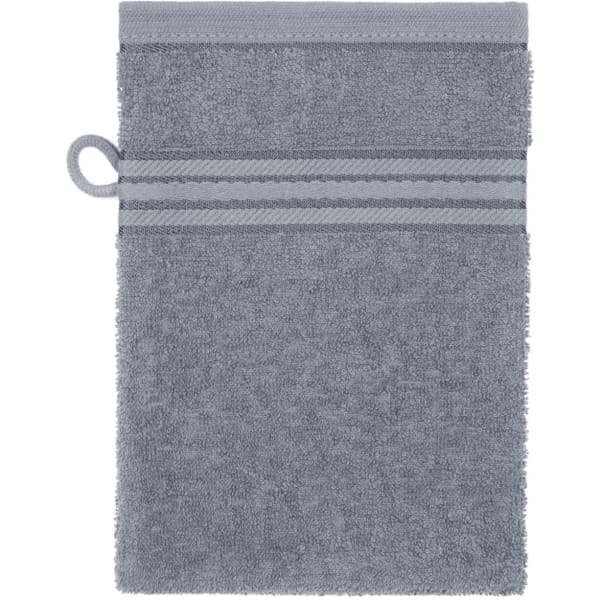 A soft grey towel featuring a loop for hanging and two decorative stripes. It has a textured finish.