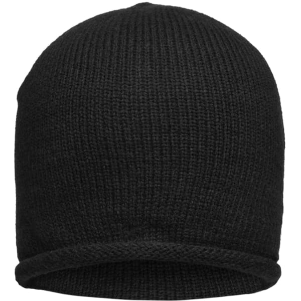 A black roll-up beanie with a textured knit design and a folded brim, featuring a logo.