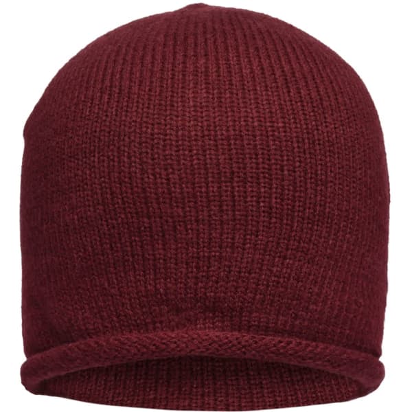 A burgundy roll-up beanie with a textured knit design, featuring a logo on the side.