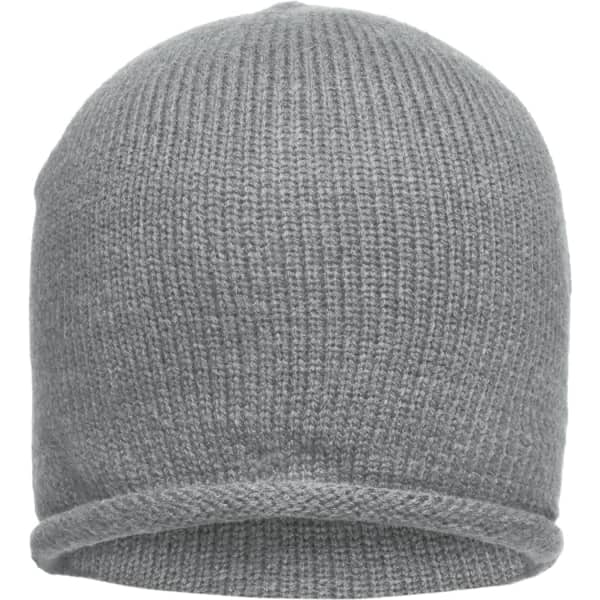 A grey roll-up beanie with a ribbed texture and a folded edge, featuring a logo.
