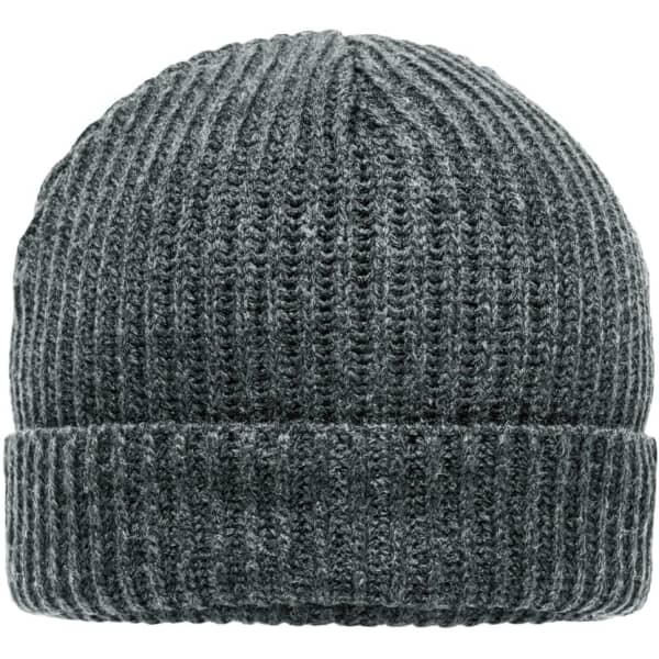 A grey ribbed beanie with a turned-up cuff, featuring a logo on the side.