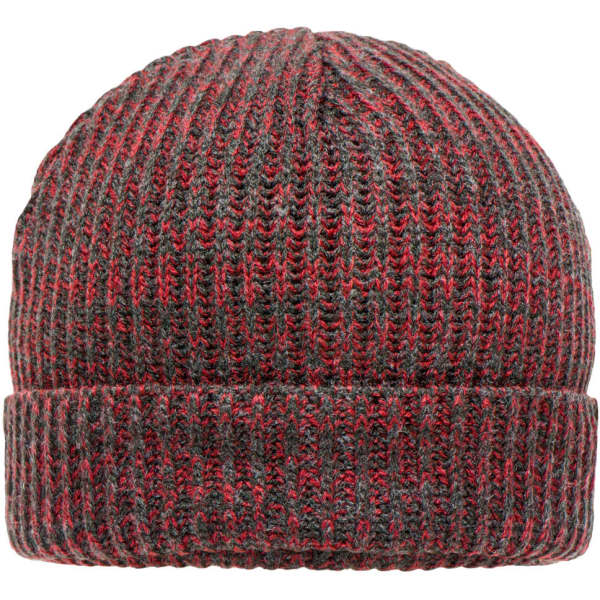 A red and grey knitted beanie with a folded cuff and a textured pattern. Features a logo on the side.