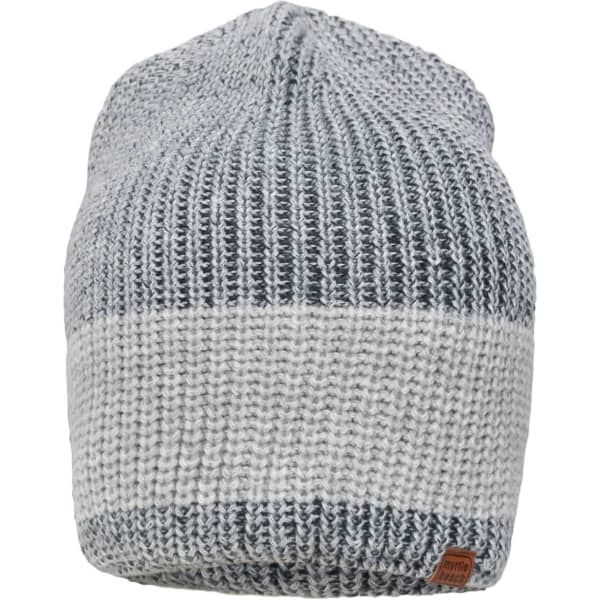 A knitted hat in grey with a light grey and dark grey striped design, featuring a small logo tag.