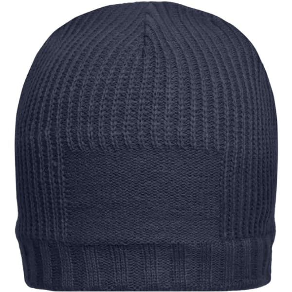 A navy beanie with a ribbed texture and a patch area for branding or logos.