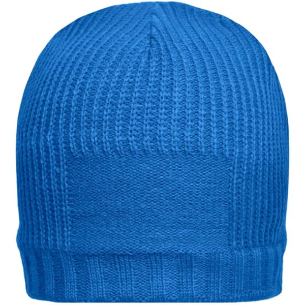 A blue beanie with a textured ribbed pattern and a blank area for branding.