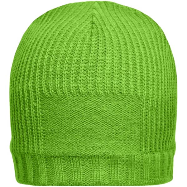 A bright green beanie with a ribbed texture and a logo area on the front.