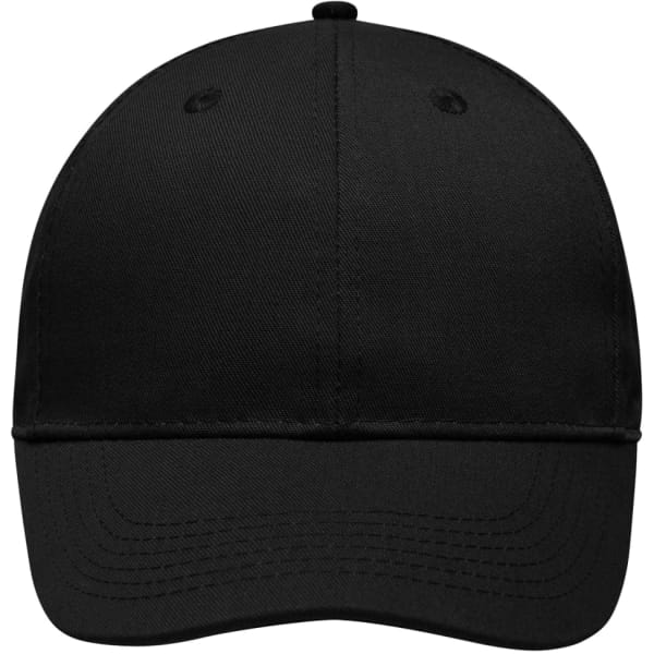 A black six-panel workwear cap with a curved brim and a logo on the front.