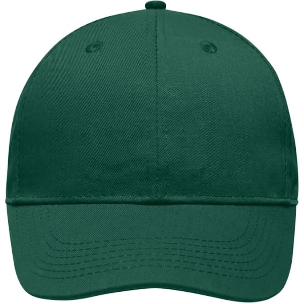 A green 6 panel workwear cap with a classic design and a logo on the front.