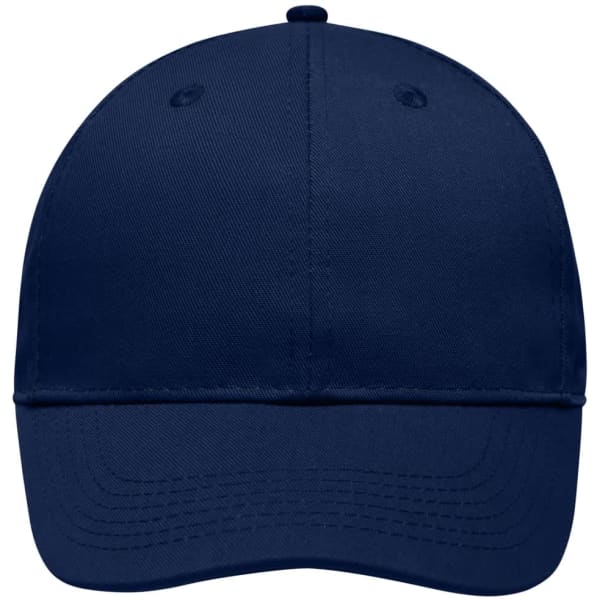 A navy blue 6 panel workwear cap with a structured design and a logo on the front.