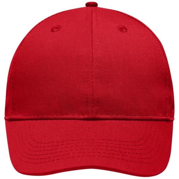 A red 6-panel workwear cap with a rounded crown and a curved brim, featuring a logo on the front.