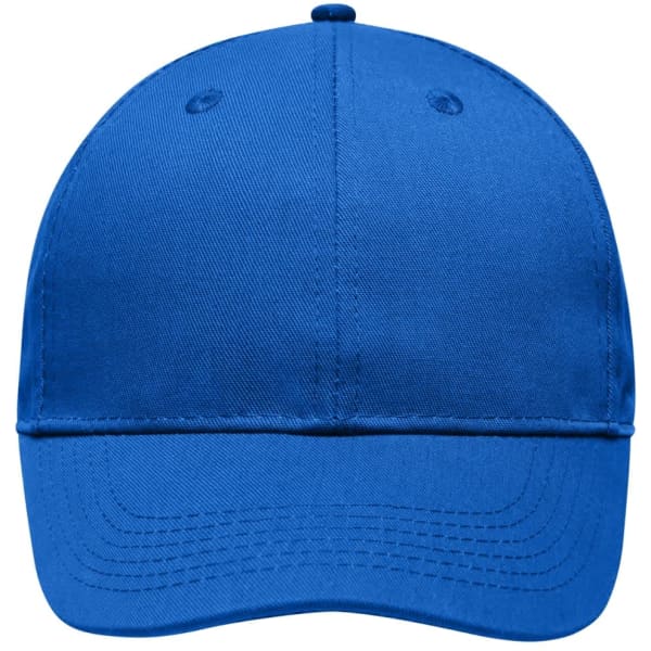 A blue six-panel workwear cap with a smooth finish and an adjustable strap at the back. It features a logo on the front.