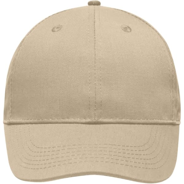 A beige six-panel workwear cap displayed from the front, featuring a rounded peak and ventilation eyelets.