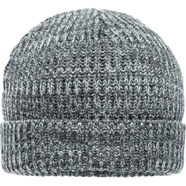 A grey knitted beanie with a ribbed texture, featuring a folded cuff and a logo.