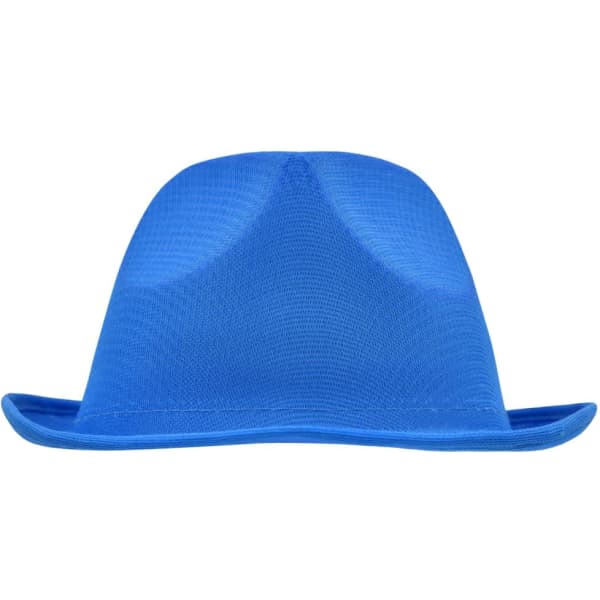 A blue promotional hat with a curved top and wide brim, featuring a logo on the side.