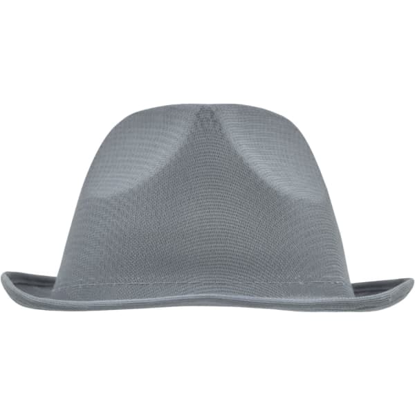 A grey promotional hat with a curved brim and a textured surface, featuring a logo on the side.