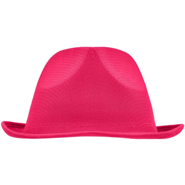 A pink promotional hat with a rounded crown and wide brim, featuring a logo on the side.