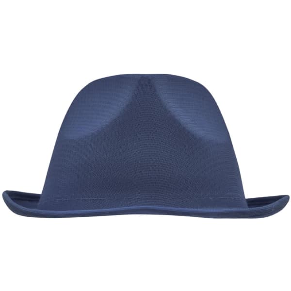 A navy promotional hat with a wide brim and a structured crown, featuring a simple design and a logo.